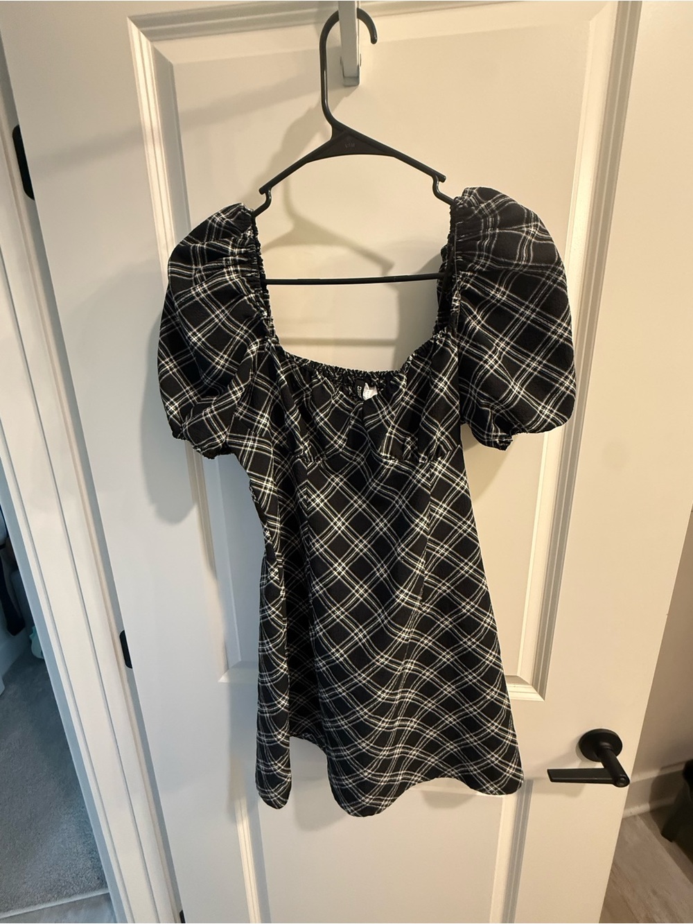 Y2K Black Plaid Puff-Sleeve Woman’s Smocked Babydoll Dress Size M Cottagecore
